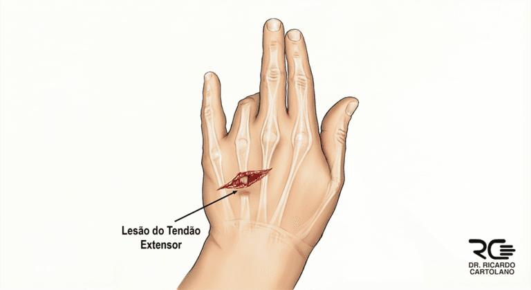 Ilustração de Lesões dos tendões extensores onde o dedo anelar aparece caído devido à ruptura do tendão na vista dorsal