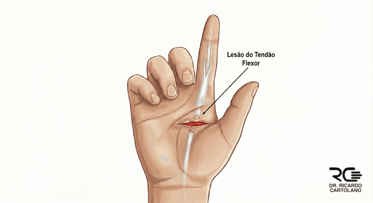 Esquema visual de lesões dos tendões flexores na mão. O dedo indicador não flexiona por conta de um tendão cortado e rompido.