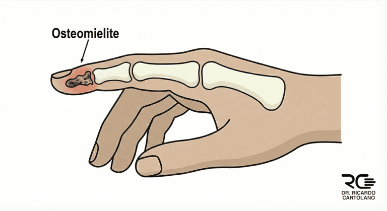 Esquema visual demonstrando Osteomielite com erosão óssea na ponta do dedo.