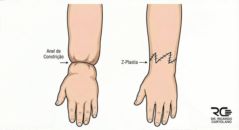 Ilustração médica pré e pós-operatória da correção cirúrgica da Síndrome da banda amniótica em antebraço com zetaplastias.