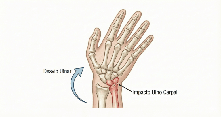 Esquema do punho evidenciando a síndrome do impacto ulno carpal, com contato entre a ulna e os ossos do carpo.