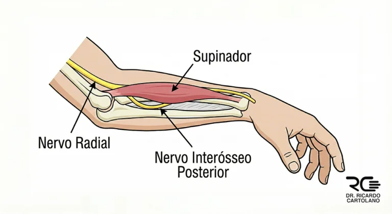 Ilustração da Síndrome do nervo interósseo posterior mostrando compressão no músculo supinador e queda dos dedos.