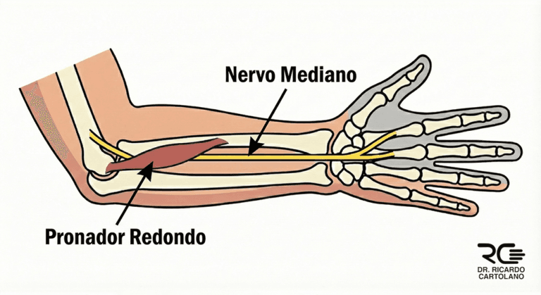 Diagrama da Síndrome do Pronador: anatomia do músculo pronador redondo comprimindo o nervo mediano.