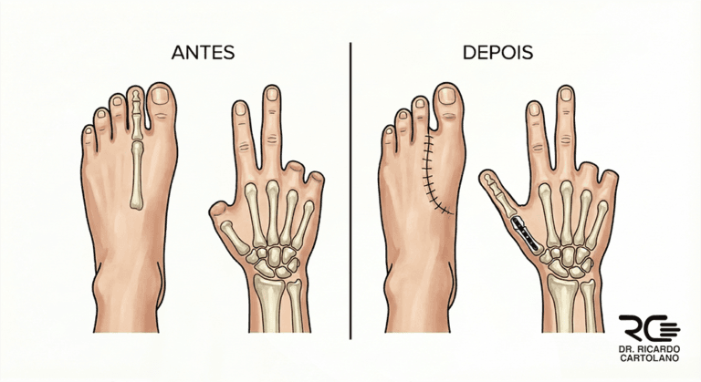 Ilustração médica do antes e depois da cirurgia de Transferência de dedo do pé para a mão para reconstrução do polegar.