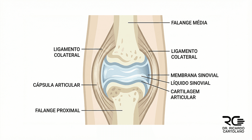 Ilustração médica da anatomia da articulação interfalangiana proximal (IFP) do dedo. Detalha a cápsula articular, cartilagem hialina, ligamentos e o espaço preenchido por líquido sinovial.