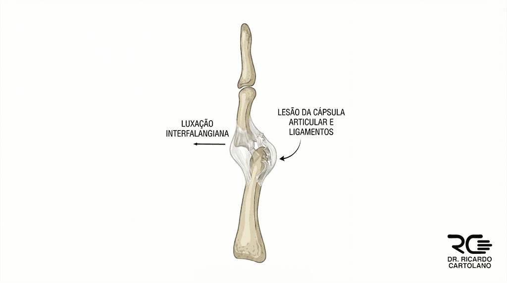 Ilustração médica de uma Luxação Dorsal da articulação Interfalangiana Proximal (IFP) do dedo. Demonstra a perda total de contato articular, deslocamento da falange média e ruptura da placa volar e ligamentos.