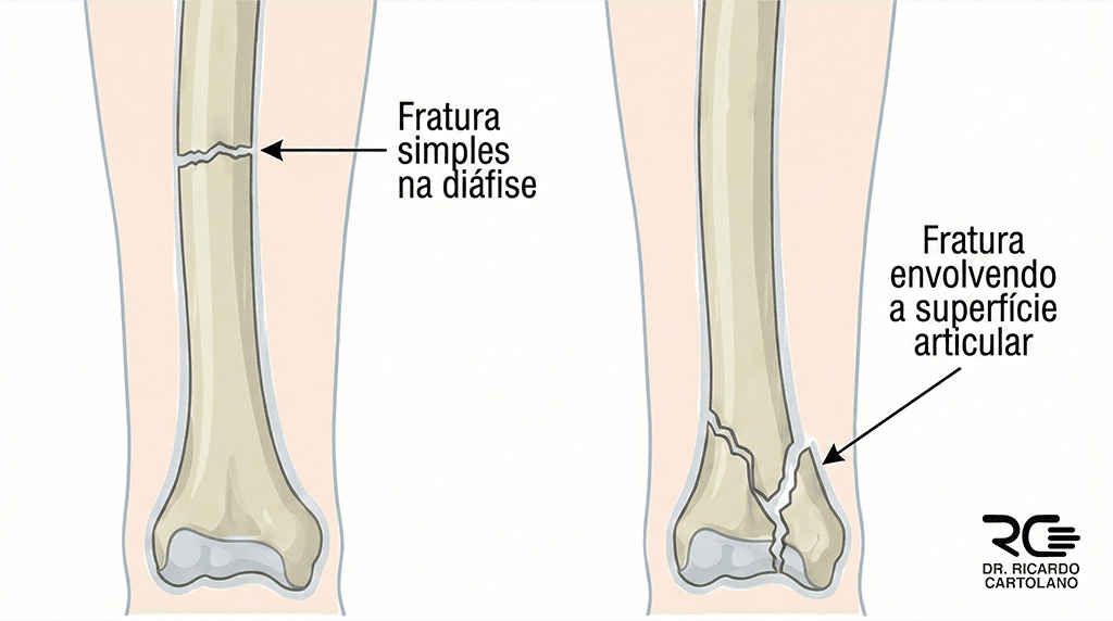 Ilustração médica comparativa: Fratura Diafisária localizada no corpo do osso versus Fratura Articular atingindo a superfície da cartilagem e a articulação.