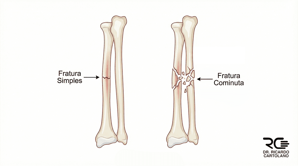 Ilustração médica comparando fratura simples versus fratura cominuta. O diagrama exibe a diferença entre a lesão de traço único e a fragmentação óssea múltipla de alta energia em uma mesma visão anatômica.