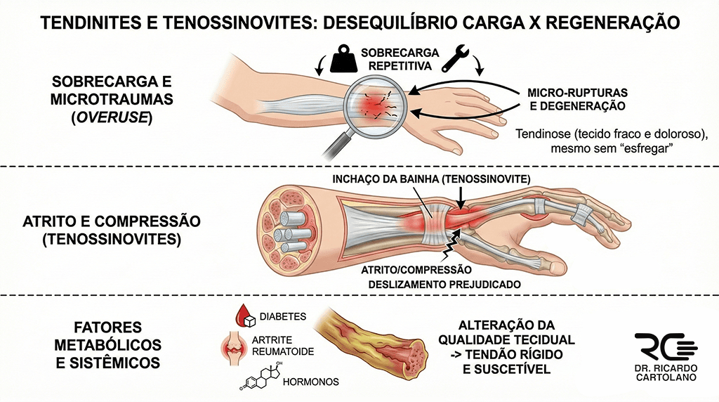 Infográfico médico horizontal dividindo três mecanismos de tendinopatias ('tendinites'): 1. Sobrecarga e microtraumas levando à degeneração (tendinose); 2. Atrito e compressão da bainha em túneis estreitos (causa de Dedo em Gatilho e De Quervain); 3. Alteração da qualidade do tendão por fatores metabólicos e sistêmicos (Diabetes, Artrite Reumatoide).